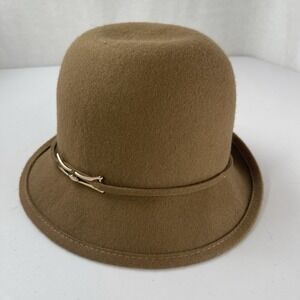 VTG Women's Brown Wool Felt Cloche Hat with Gold Tone Pin Detail Great Condition
